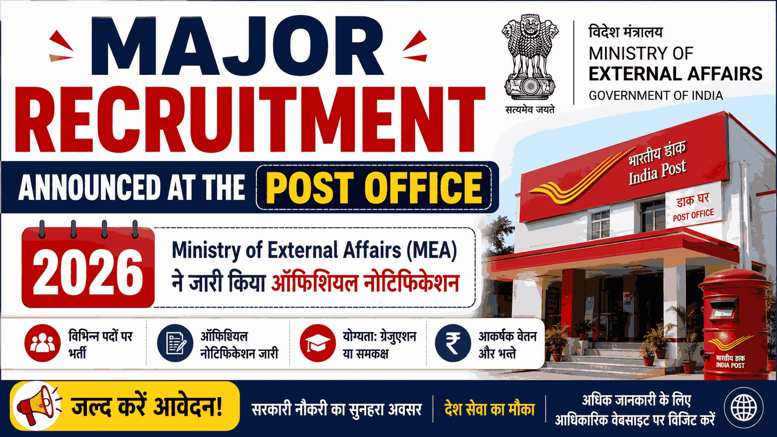Major Recruitment Announced at the Post Office 2026 – Ministry of External Affairs (MEA) ने जारी किया ऑफिशियल नोटिफिकेशन