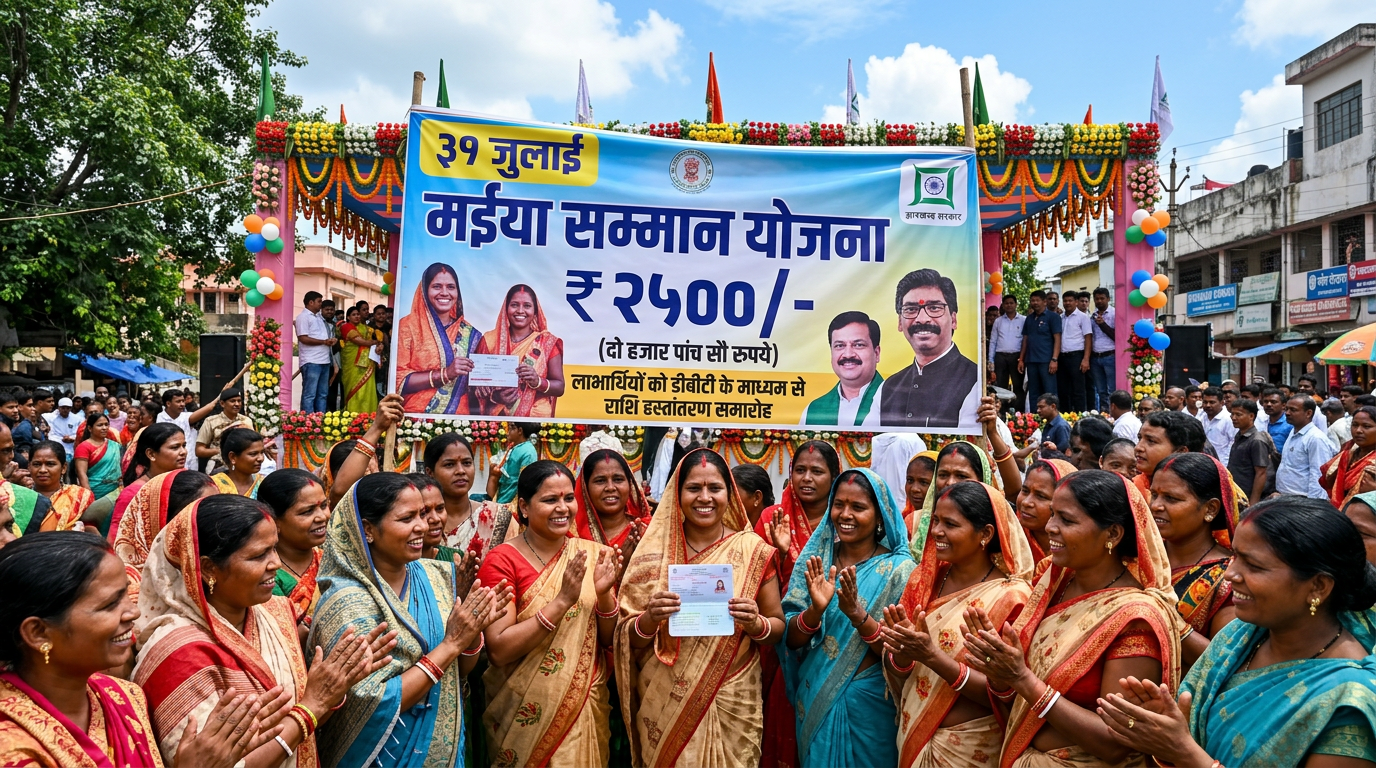 A group of women in traditional attire holding certificates and smiling under a banner about Maiya Samman Yojana
